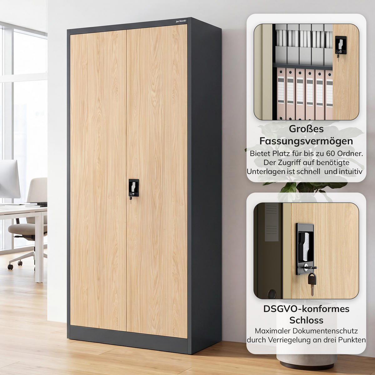 BÜRO-AKTENSCHRANK JAN H 195x90x40 cm - Anthrazit/Sonoma Eiche, Metall (90/195/40cm) - Jan Nowak