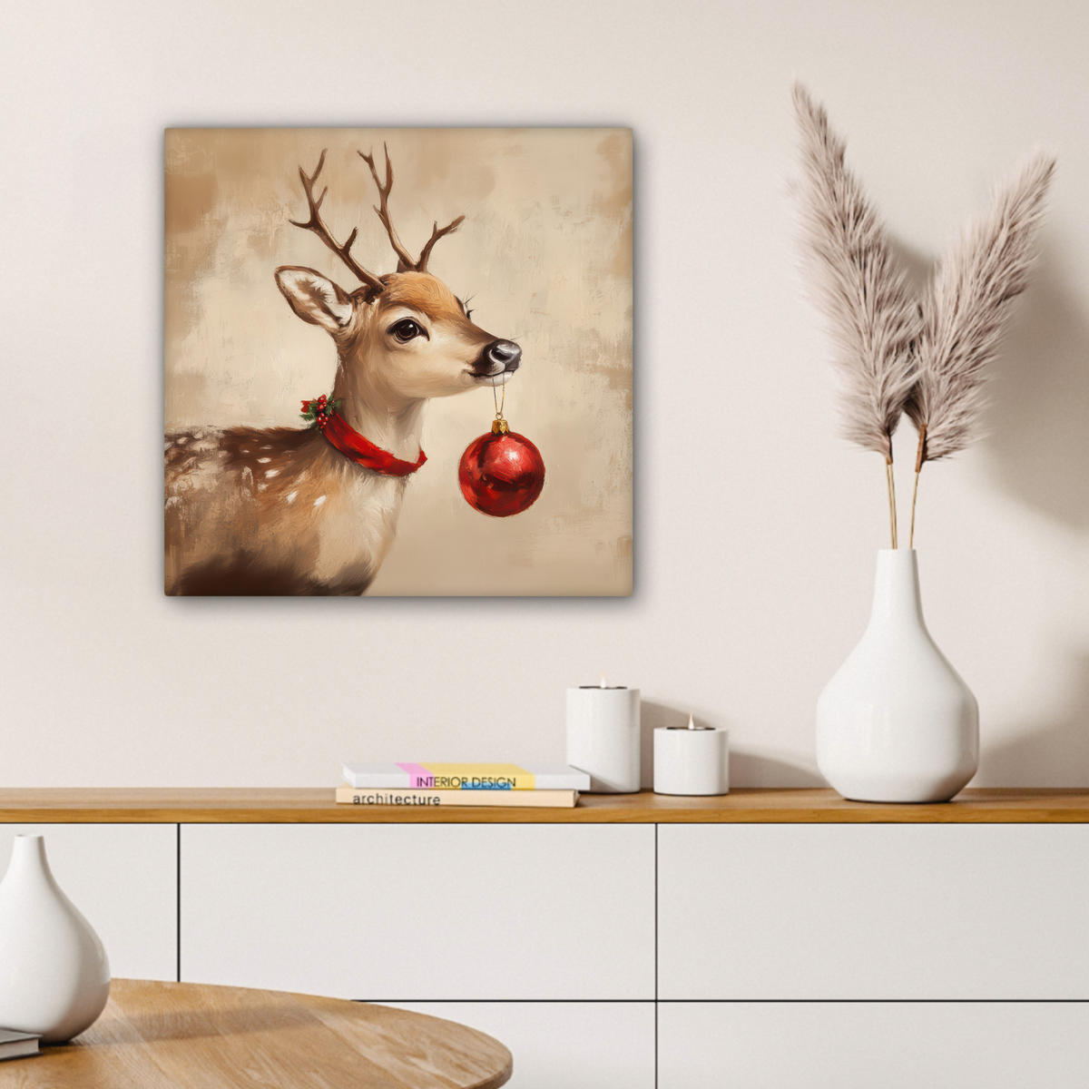 LEINWANDBILD Weihnachten - Hirsch - Geweih - Weihnachtskugel - Rentier Wandbild Wohnzimmer 50x50 cm - Hellbraun, Textil (50/50cm) - MuchoWow