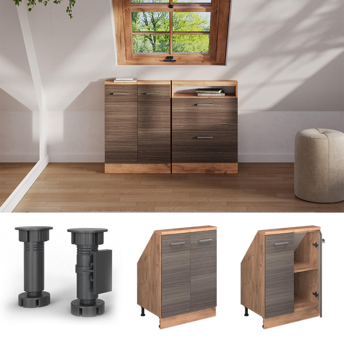 KUCHYŇSKÁ SKŘÍŇKA POD ŠIKMOU STŘECHU R-Line Ušlechtilý šedý/zlatý dub - šedá/medově dubová, kompozitní dřevo (60/81.6/46cm) - Vicco