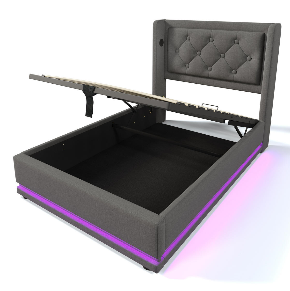 POLSTERBETT 90/200 cm mit USB-Typ-C, Matratze, LED und hydraulischem Bettkasten aus Baumwolle, Grau - Grau, Textil (90/200cm) - Redom