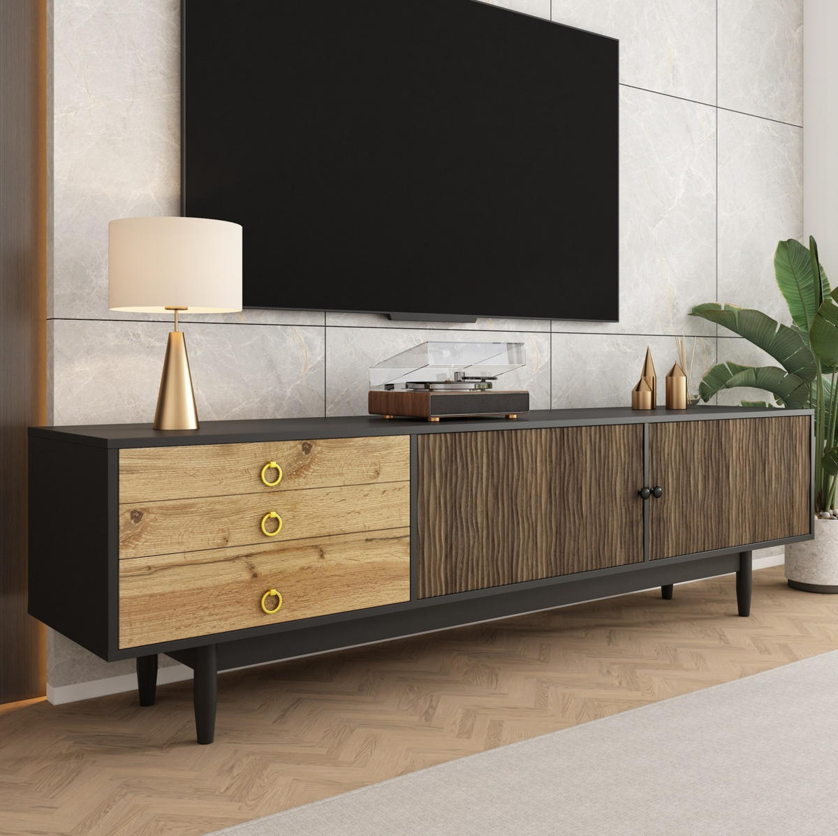 TV-SCHRANK in Schwarz und Natur mit 2 Türen und 3 Schubladen 180/38/50 cm - Eichefarben, Holzwerkstoff (180/38/50cm) - Redom