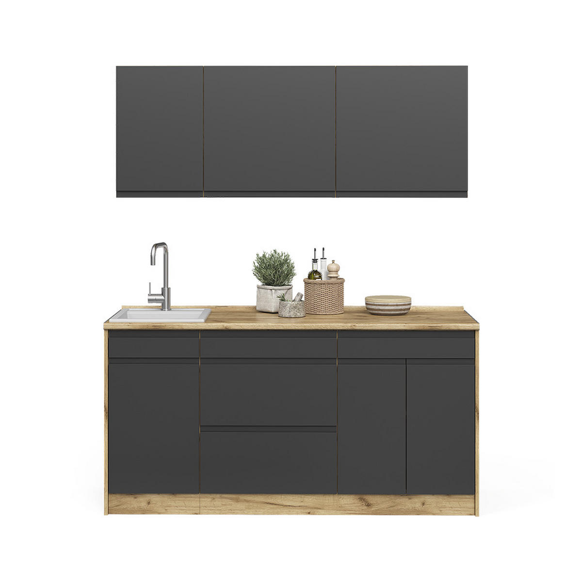 SINGLEKÜCHE R-Line, Anthrazit/Goldkraft Eiche, 160 cm Arbeitsplatte Weiß - Eichefarben/Anthrazit, Holzwerkstoff (160/81.6/60cm) - Vicco