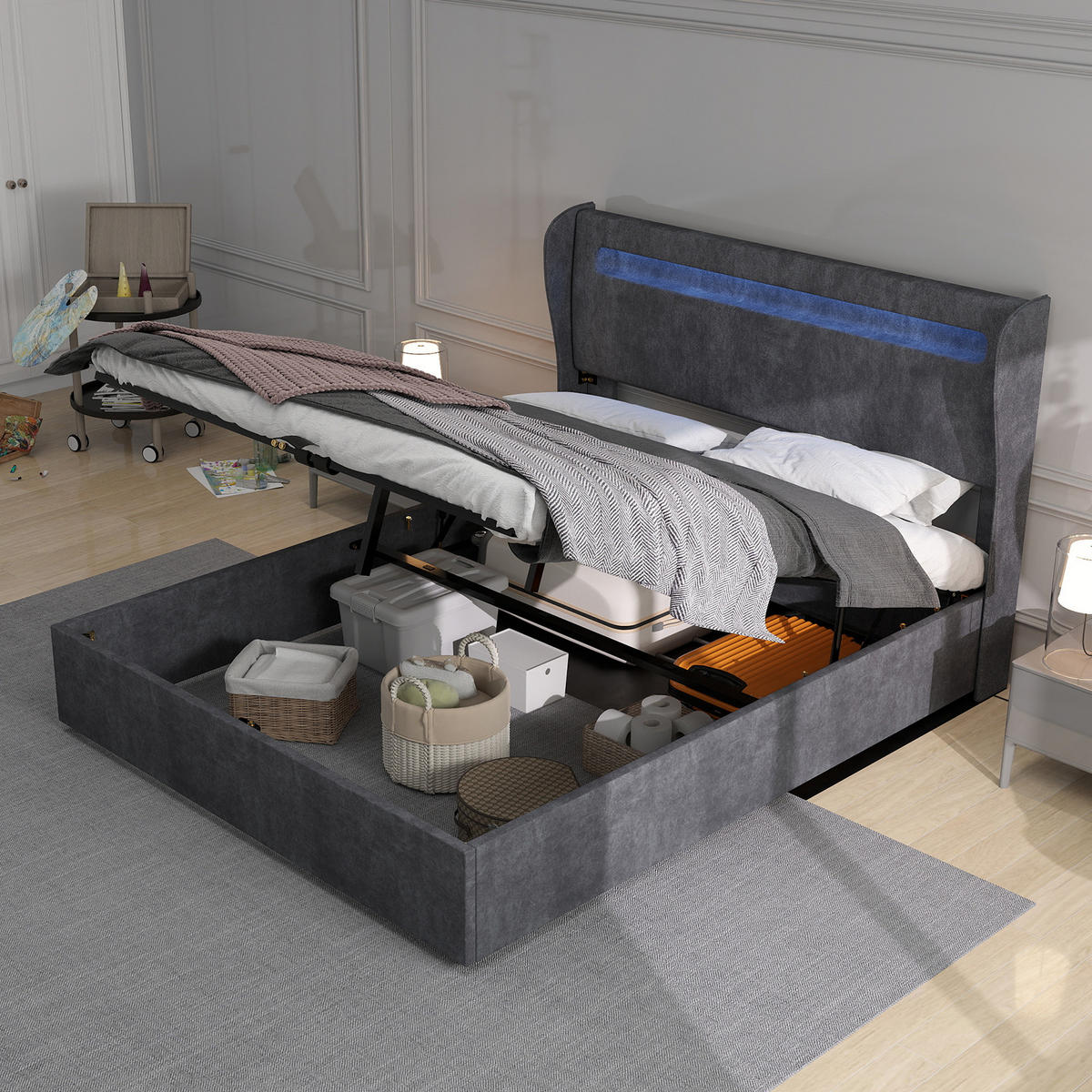 POLSTERBETT 160x200 cm LED Stauraum grau - Grau, Textil (160/200cm) - LEBENLANG