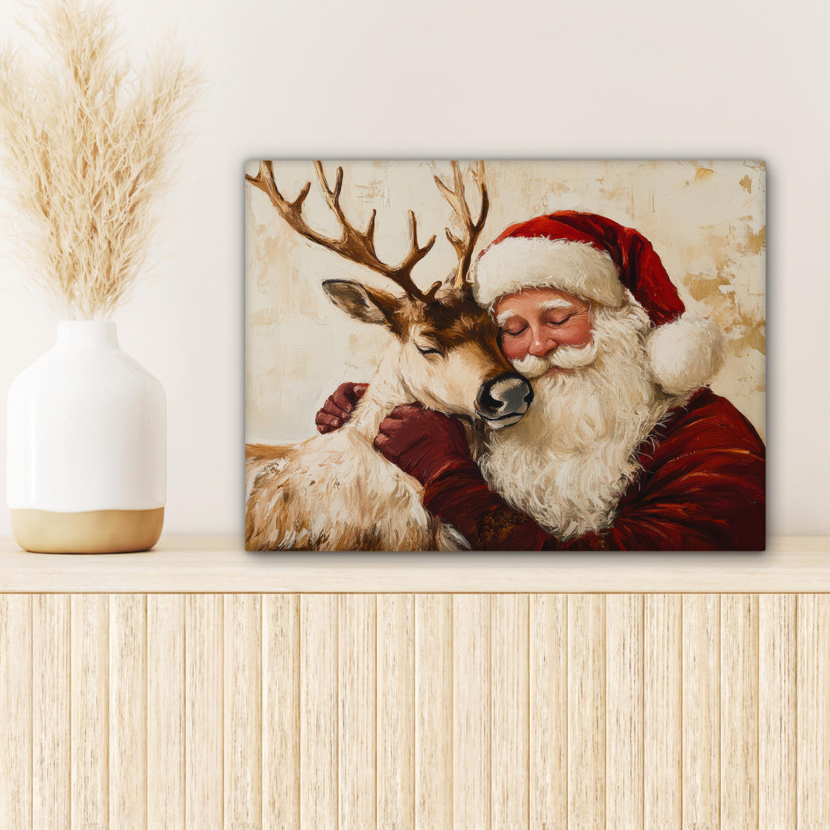 LEINWANDBILD Weihnachtsmann - Rentier - Weihnachten Wandbild 40x30 cm - Rotbraun, Textil (40/30cm) - MuchoWow