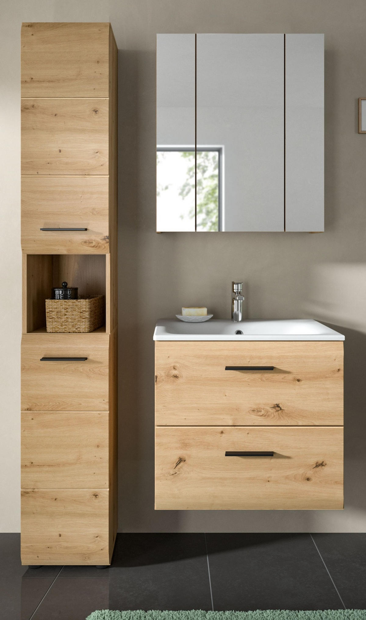 BADMÖBEL SET 3-teilig in Artisan Eiche, Badkombination 105 x 185 cm, Cover - Schwarz/Eiche Artisan, Glas/Keramik (105/185/30cm) - Inn.Furn