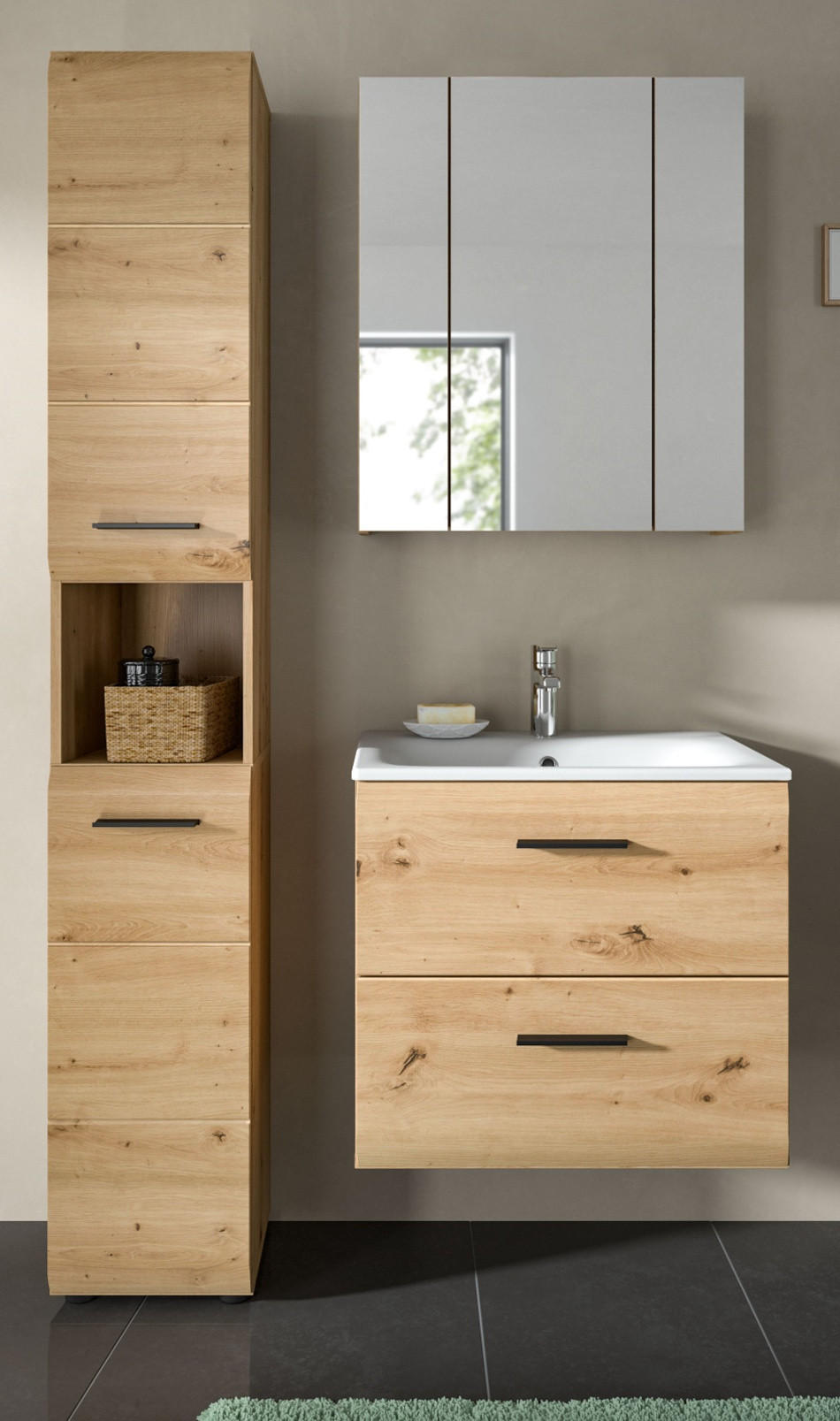 Thumbnail - Inn.Furn Badmöbel, Eiche Artisan, Kunststoff, Nachbildung, Uni, 10 Fächer, 2 Schubladen, Rechteckig, 105x185x30 cm, FSC ...