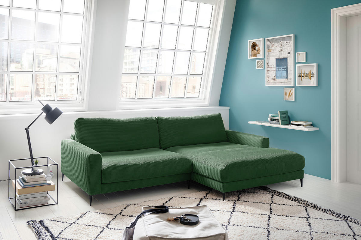 ECKSOFA CARA Smaragdgrün Cord - Smaragdgrün/Dunkelgrün, Textil/Metall (272/190cm) - KAWOLA