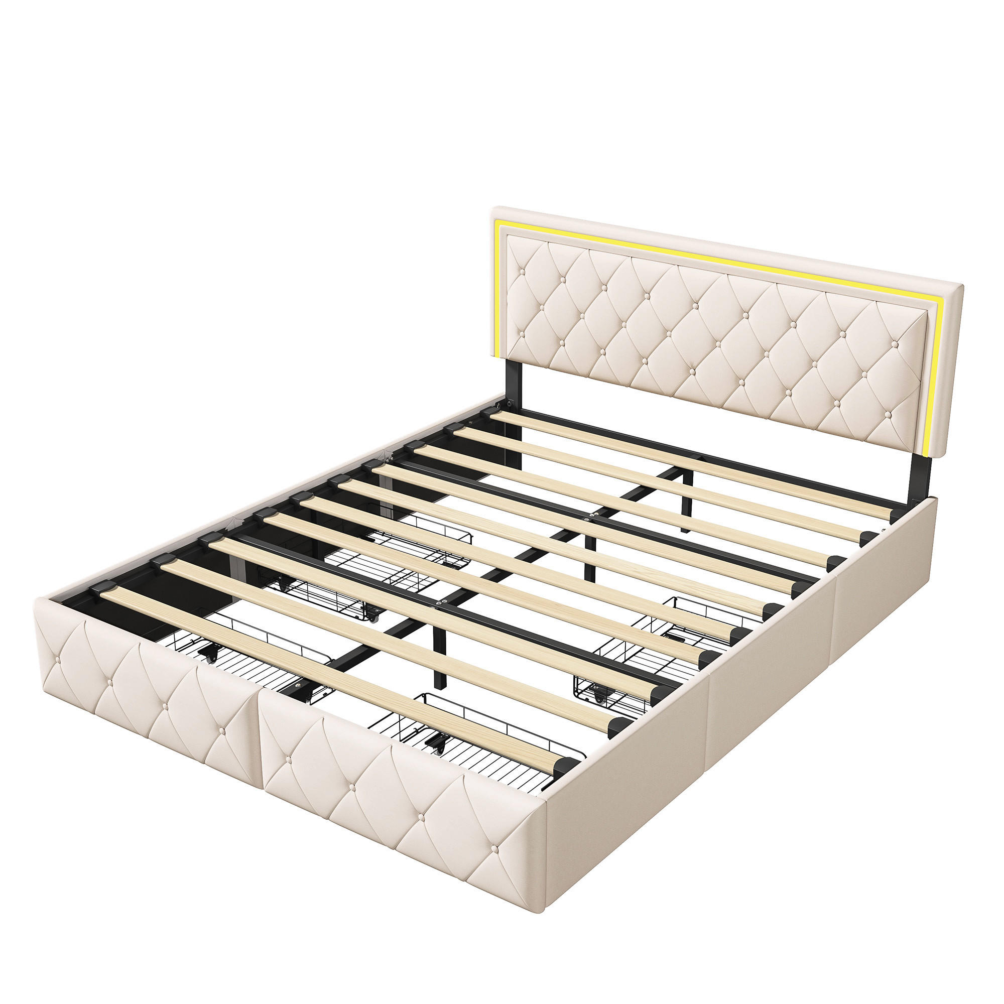 POLSTERBETT 160x200 cm LED 4 Schubladen PU Leder beige - Beige, Holz (160/200cm) - Fortuna Lai