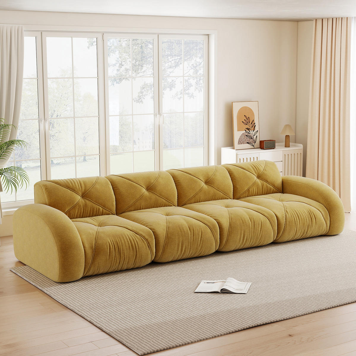 MODULSOFA 4-Sitzer aus Chenille mit rahmenlosem Design Gelb - Gelb, Textil (95/76/358cm) - Modenvie