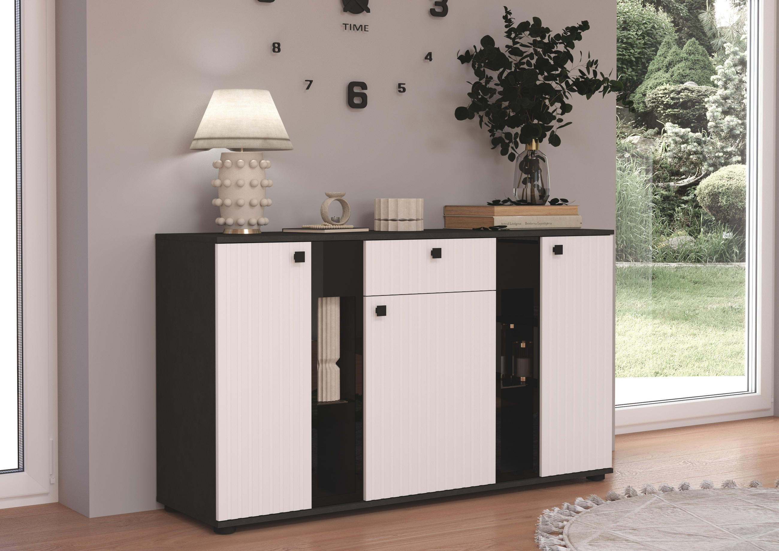 SIDEBOARD Formilo Grau Matera, Weiß 140,4/80/40,2 cm – Kommode mit Rillen - Weiß/Grau, Holzwerkstoff/Kunststoff (140/80/40cm) - AX Living