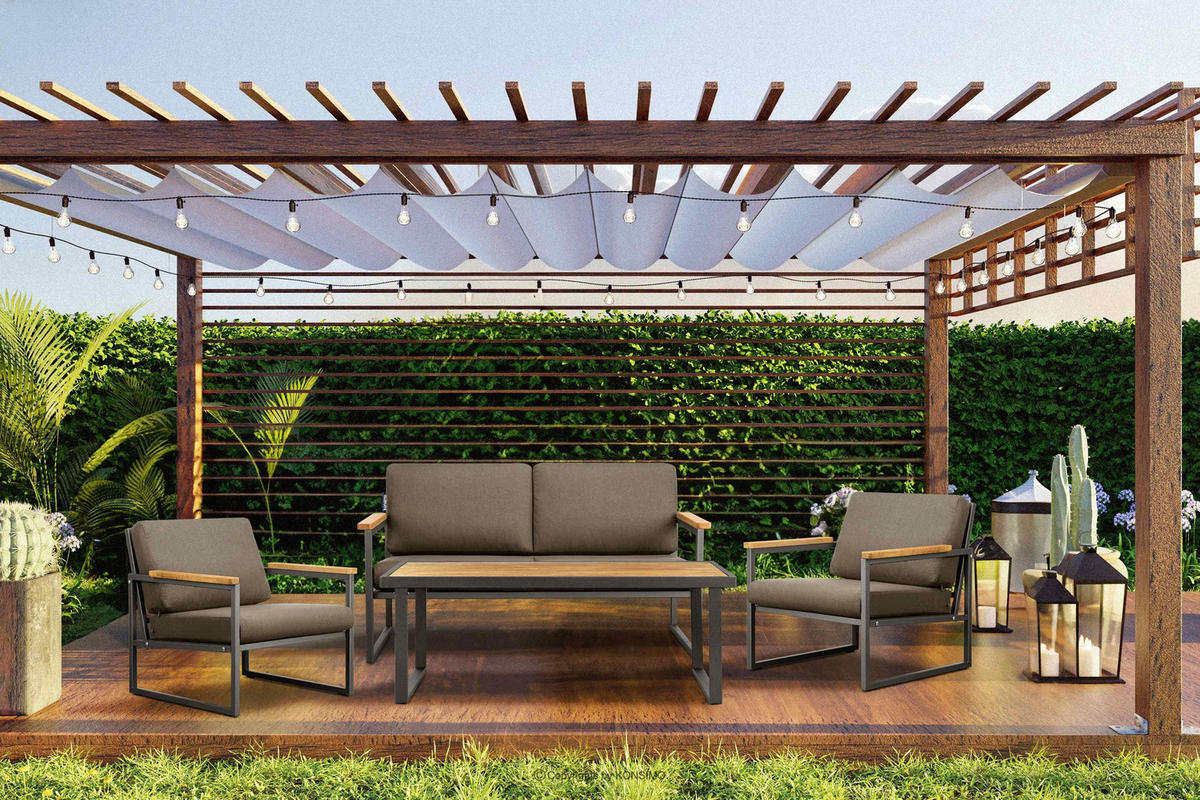 GARTENSET TRIBO Industriestil für 4 Personen, Anthrazitfarbenes - Anthrazit/Beige, Metall - KONSIMO®