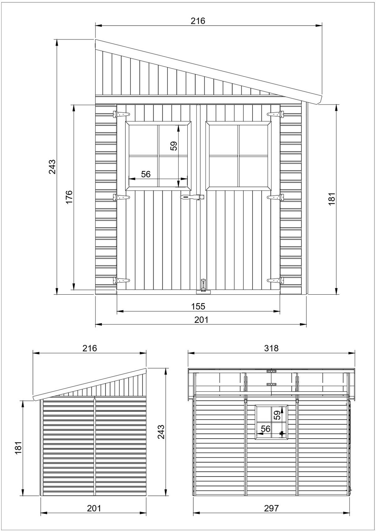 HOLZ-GARTHENHAUS (ohne Seitenwand) - H244x211x318 cm/6 m2 - M339 - Beige, Holz (216/243/297cm) - Timbela