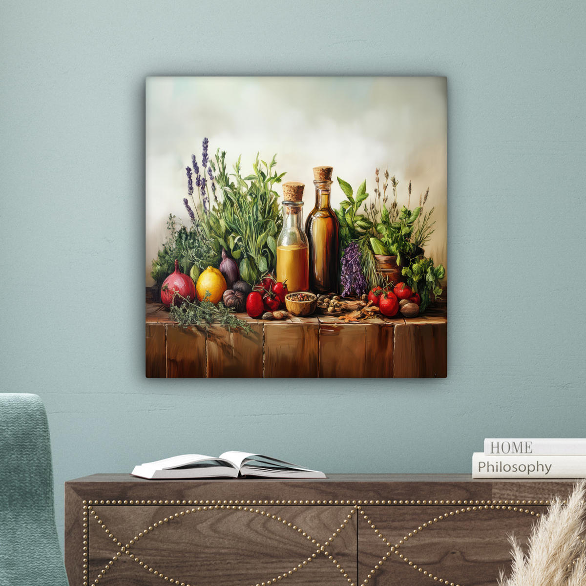 LEINWANDBILD Stilleben - Kräuter - Gewürze - Früchte - Farbenfroh Wandbild Wohnzimmer 50x50 cm - Grün, Textil (50/50cm) - MuchoWow