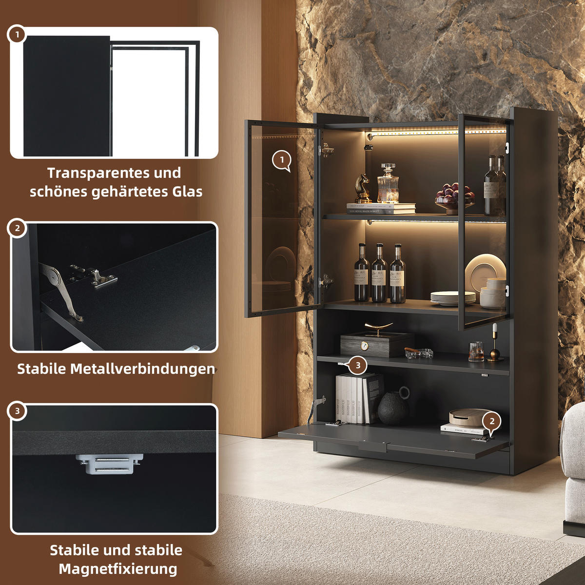 VITRINE Schwarz 80/35/120 cm - Schwarz, Holzwerkstoff (80/120/35cm) - PANGIVO