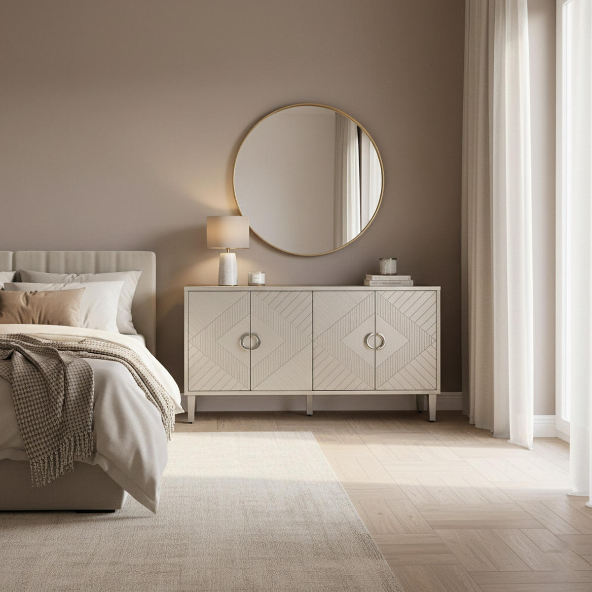 SIDEBOARD Grau Holzoptik mit 4 Türen & Kiefernholzbeinen - Grau, Holzwerkstoff (152/82.5/40cm) - Urban Meuble