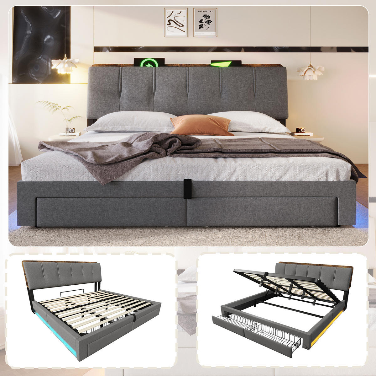 POLSTERBETT 180/200 cm aus Leinen mit hydraulischem Bettkasten, USB-/Typ-C-Anschluss, LED-Beleuchtung, Grau - Grau, Textil (180/200cm) - Redom