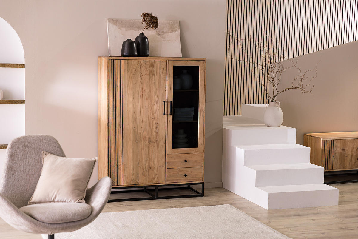 MASSIVES HIGHBOARD - Akazie / Schwarz - Schwarz/Braun, Holz/Metall (105/146/42cm) - home24