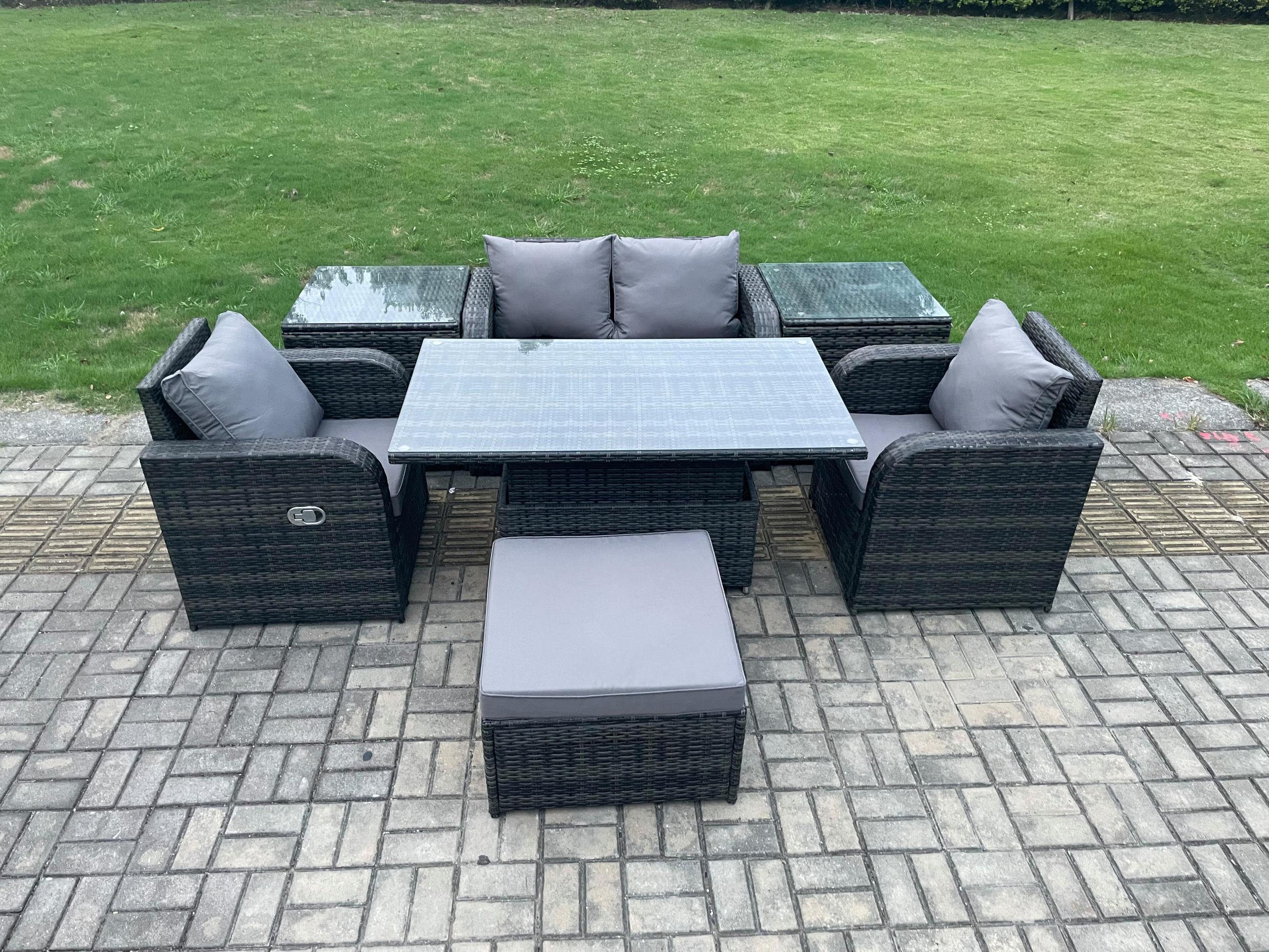 GARTENSET Polyrattan 5-Sitzer - Dunkelgrau/Grau, Glas/Kunststoff - Fimous