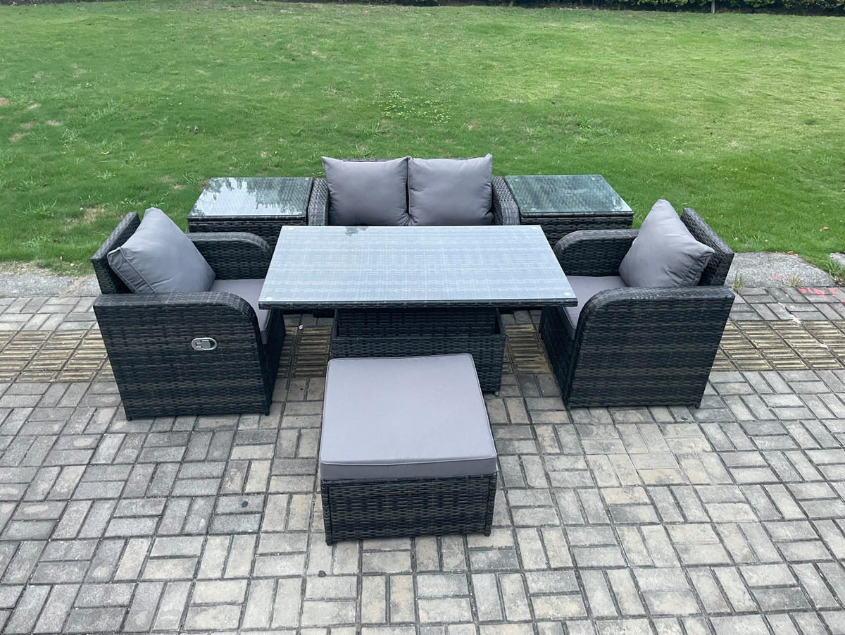 GARTENSET Polyrattan 5-Sitzer - Dunkelgrau/Grau, Glas/Kunststoff - Fimous