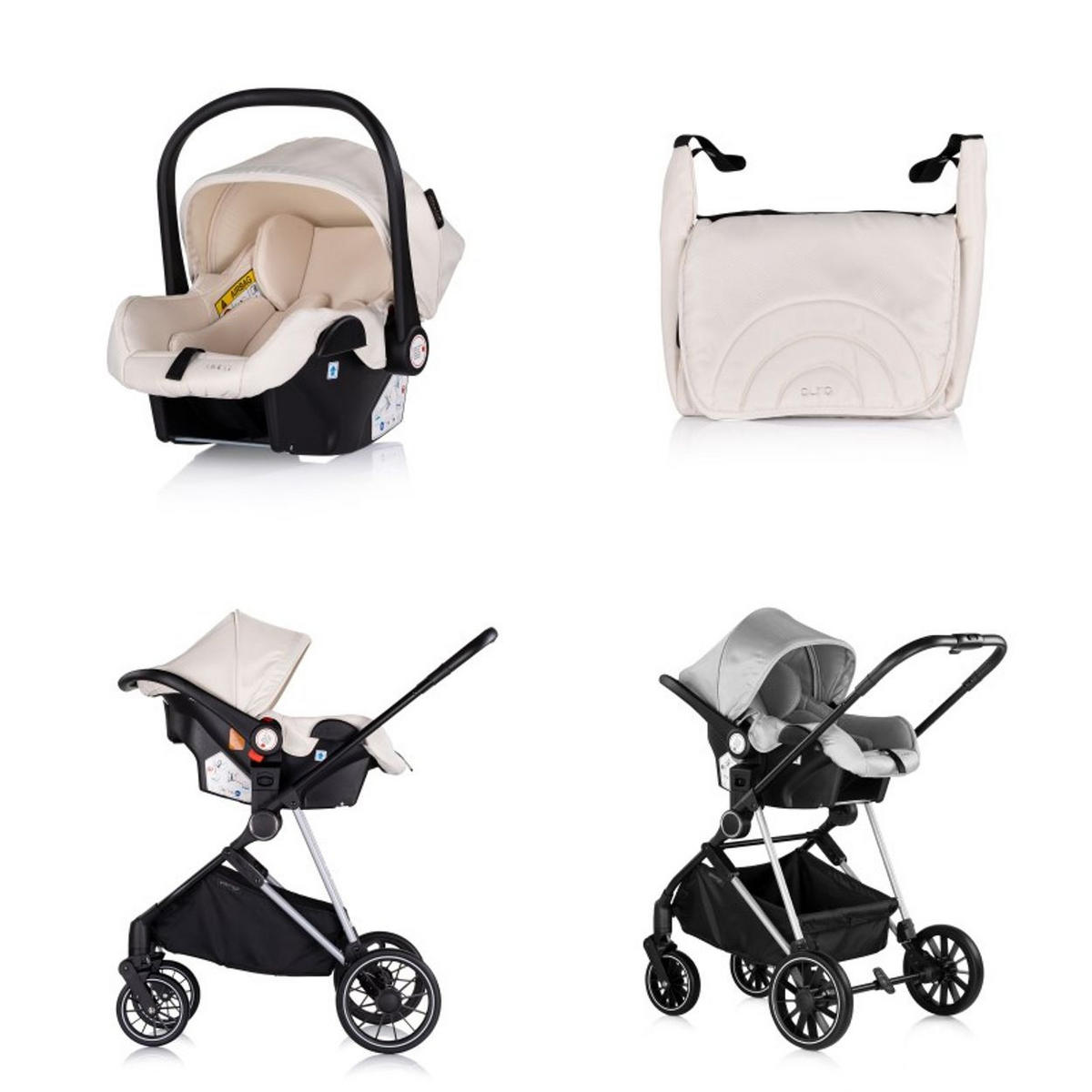 KOMBIKINDERWAGEN Aura 3 in 1 creme Autositz, Babywanne, Wickeltasche, bis 22 kg - Beige, Metall (98/60/106cm) - Chipolino