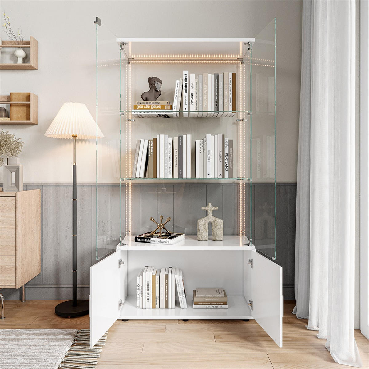 VITRINE - Glasvitrine mit Cabinet-Unterbau - 4 Türen und 3 Ebenen - LED-Lichtband-Beleuchtung - Weiß - Weiß, Glas (78.51/164/35cm) - DELFA