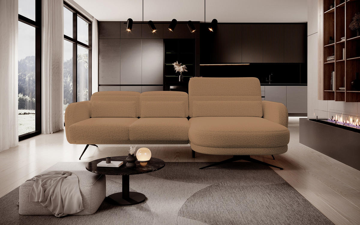 ECKSOFA Barillo – Verstellbare Rückenlehne, Stahlfüße, Elegante Armlehnen, Drei Rückenkissen, Freistehend, 261x170x97 cm – Rechte, Karamell - Creme, Holz/Textil (261/170cm) - DomoHome