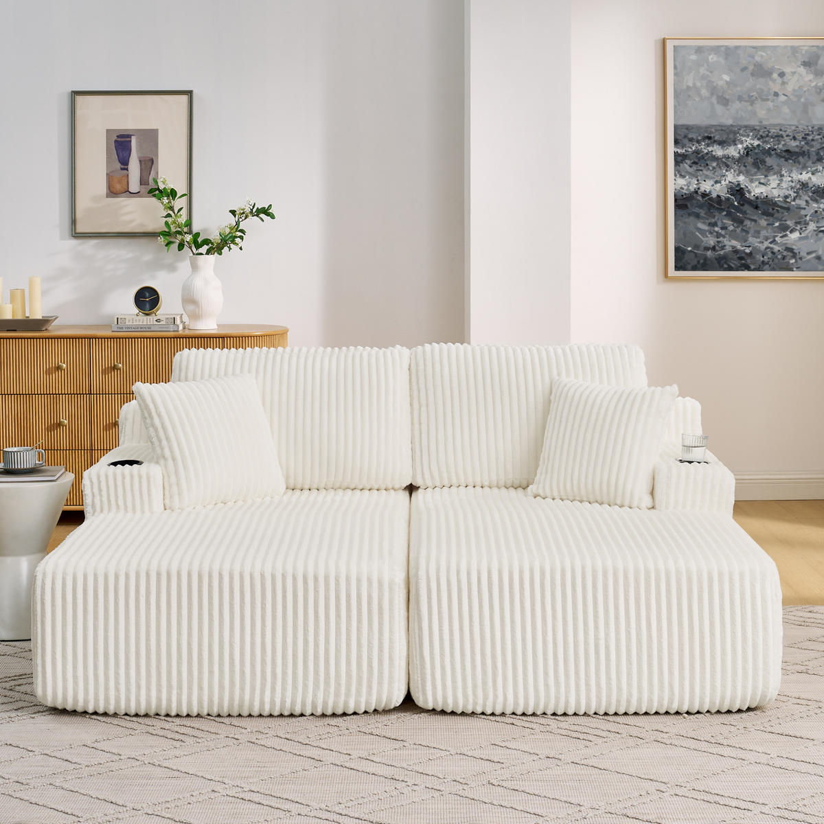 SCHLAFSOFA mit Relaxfunktion, Kordstoff, mit Seitentasche, Getränkehalter und abnehmbaren Kissen, Beige - Beige, Kunststoff (186/78/154cm) - Redom