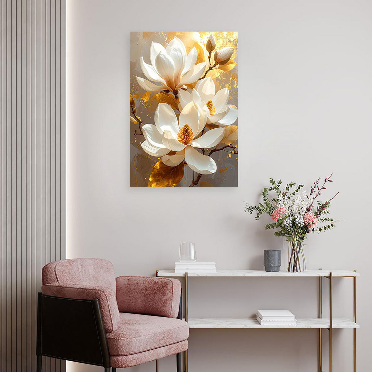 BILD auf Leinwand, Weiße Magnolien mit goldenen Akzenten auf einem warmen Hintergrund - Weiß, Textil (80/120cm) - Feeby