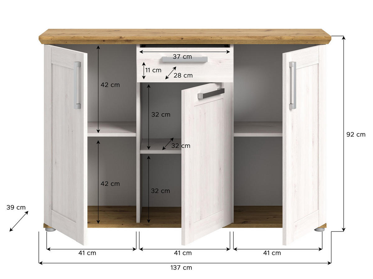 KOMMODE Verona in Sibiu Lärche Nachbildung und Artisan Eiche Nachbildung B/H/T: 137x92x39 cm - Lärchefarben, Holzwerkstoff (133/88/37cm) - Homes & Jones