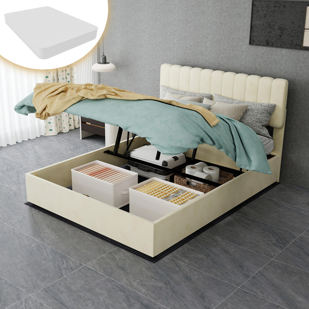 POLSTERBETT 140x200 cm in Beige mit hohem Kopfteil und Matratze - Beige, Textil (140/200cm) - IVMEU