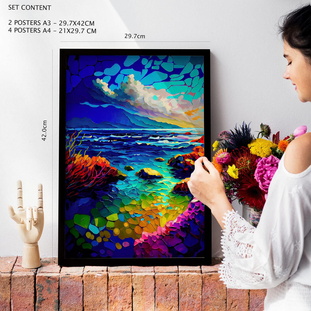 POSTER Set Mit 6 Berge Im Ölgemälde Stil A3 & A4 Rahmen Aus Hellem Holz - Beige, Papier (29/3cm) - Nacnic