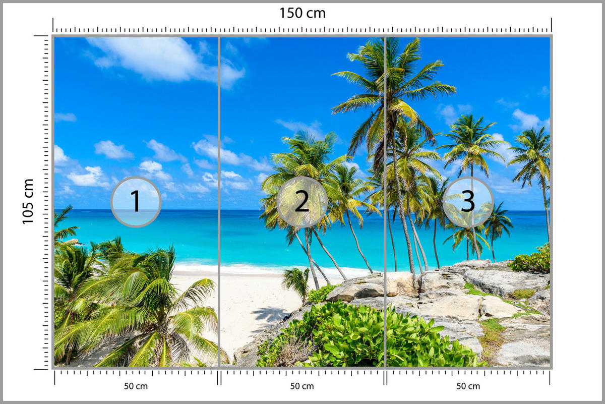 FOTOTAPETE Strand Palmen Ozean Landschaft 3D 150x105 - Blau/Beige, Papier (150/105cm) - Muralo