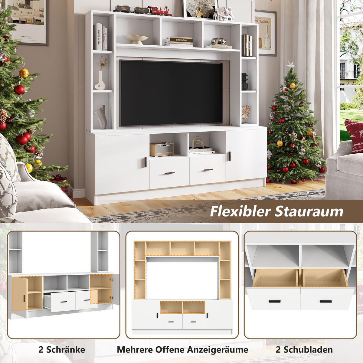 TV WOHNWAND SET 180cm Vitrine 2 Schränke 11 Fächer Weiß modern - Weiß, Holzwerkstoff (35/170/180cm) - FLIEKS