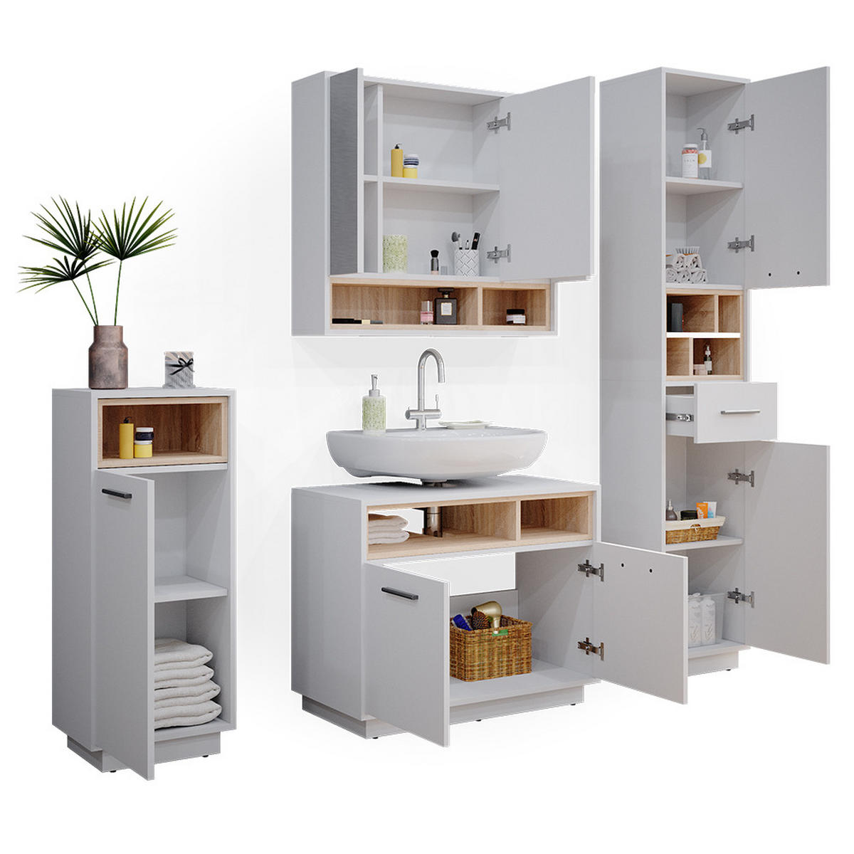 BADMÖBEL-SET Beatrice Weiß 4 Teile - Weiß/Sonoma Eiche, Holzwerkstoff (80/64/40cm) - Vicco