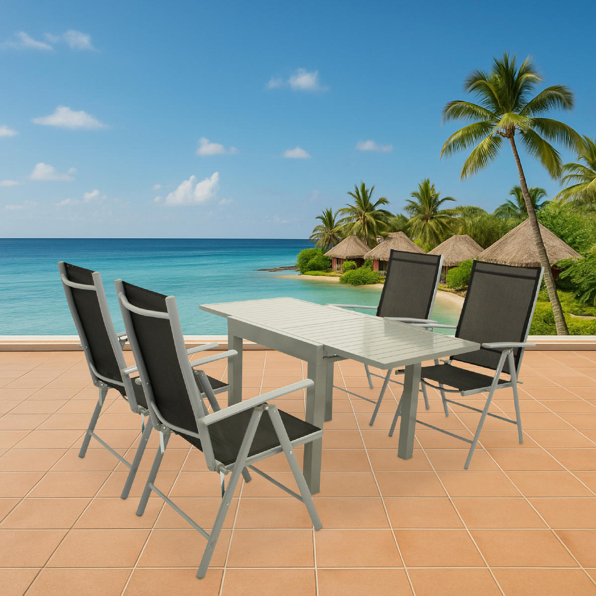 GARTEN-GARNITUR Sunderland - 5-teilige Garten-Essgruppe (4x Klappsessel mit Aluminiumgestell grau, Bespannung Textilene schwarz - Schwarz, Metall - TPFGarden