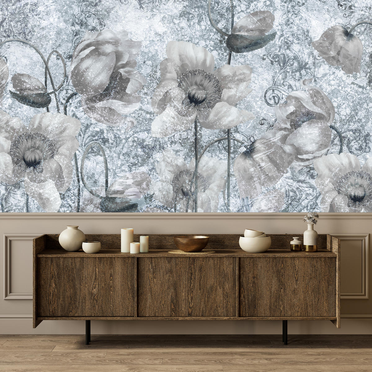 FOTOTAPETE für Wohnzimmer Grau Mohnblumen Beton Blumen Blätter 100x70 - Grau, Papier (100/70cm) - Muralo
