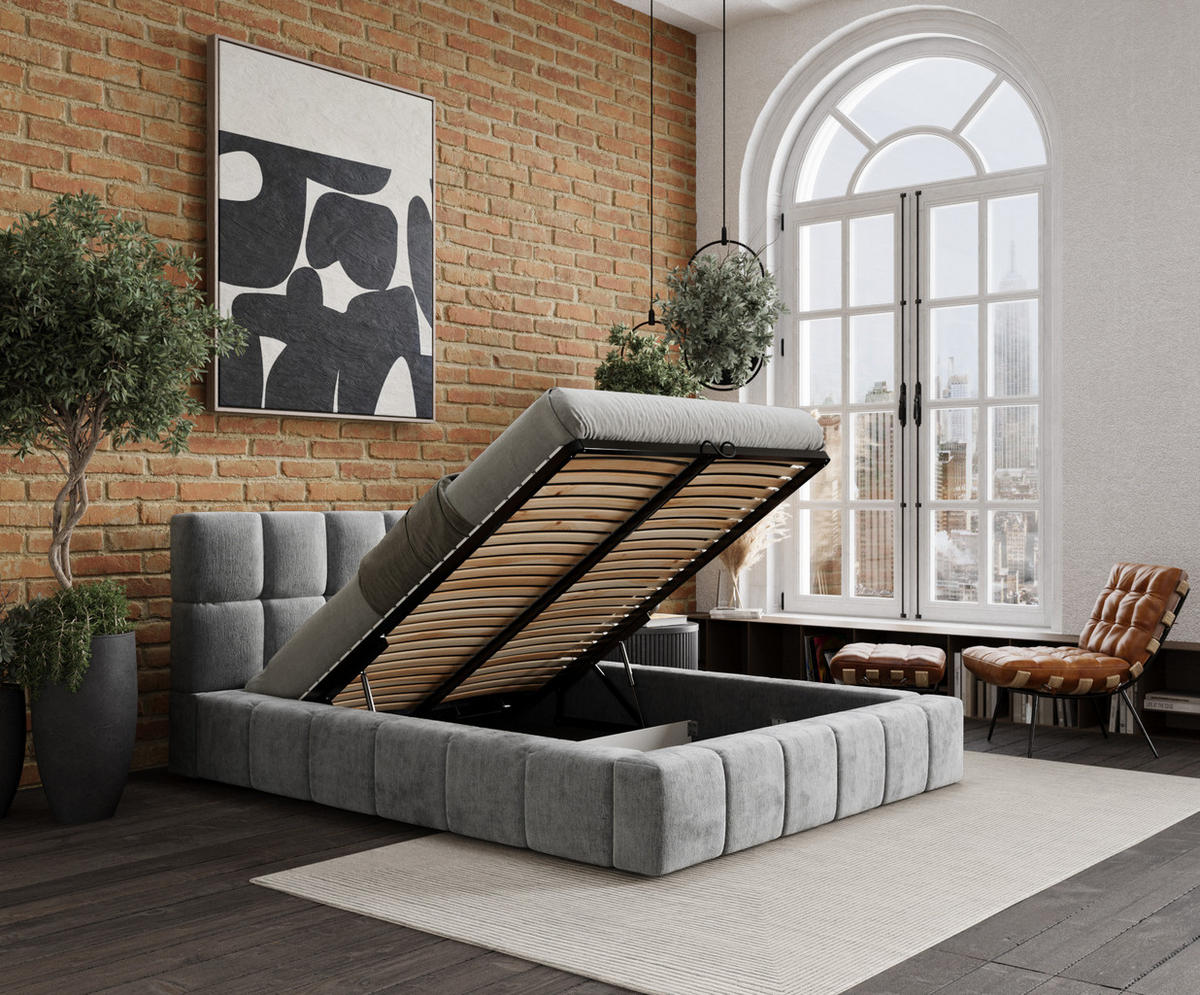 POLSTERBETT Kendal Dos Hellgrau 180/200 cm im Chenille-Stoff - Hellgrau/Schwarz, Holz/Holzwerkstoff (180/200cm) - Maison de Reve