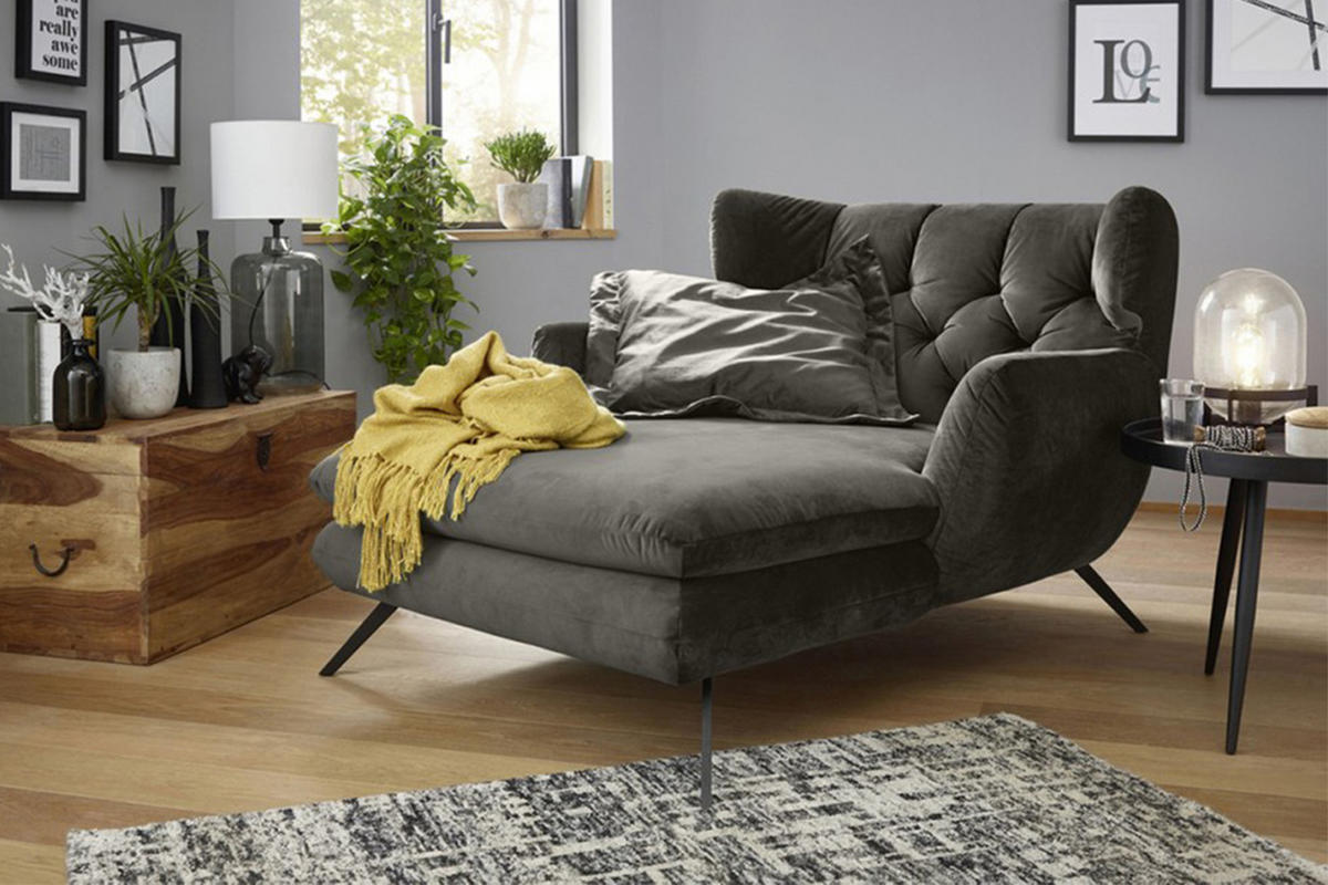 LONGSEAT CHAMRE Steingrau Webstoff - Schwarz/Grau, Textil (130/95/160cm) - KAWOLA