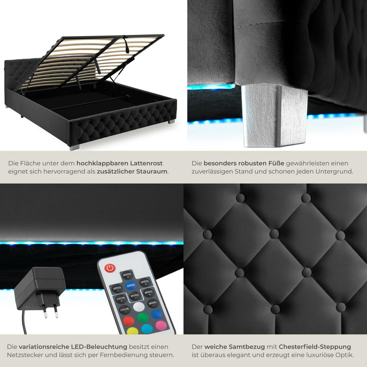 POLSTERBETT Daytona, großer Stauraum, Samtoptik schwarz - Schwarz/Samtahornfarben, Holz (180/200cm) - tectake