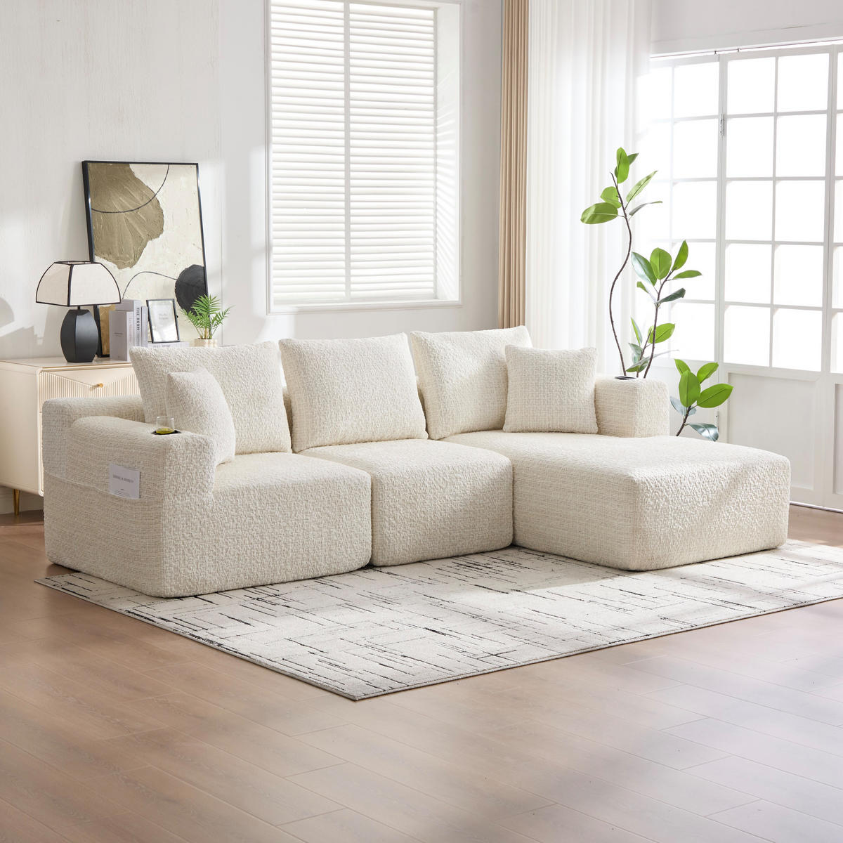 ECKSOFA Chenille Beige mit Seitentaschen - Beige, Textil (261/164cm) - WISHDOR