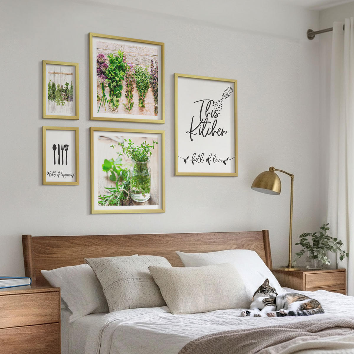 BILDER SET 5er Set - 50x50 cm & 20x30 cm & 40x60 cm Goldrahmen - Kräuterpflanzen zum Trocknen in der Küche - Goldfarben, Kunststoff (40/60cm) - TULUP