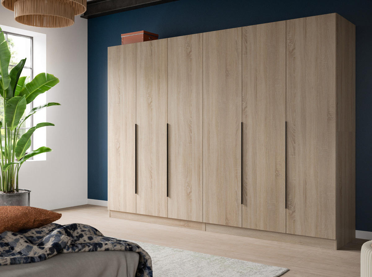 KLEIDERSCHRANK Eiche Sonoma 3-türig 120 x 181 cm, Drehtürenschrank mit zusätzlichen Einlegeböden - Eichefarben/Schwarz, Holzwerkstoff/Kunststoff (120/181/52cm) - Inn.Furn