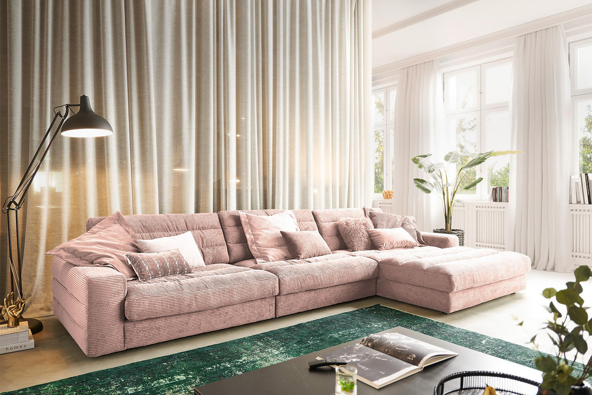 ECKSOFA XL LANA Pink Cord - Pink/Schwarz, Textil (416/205cm) - KAWOLA