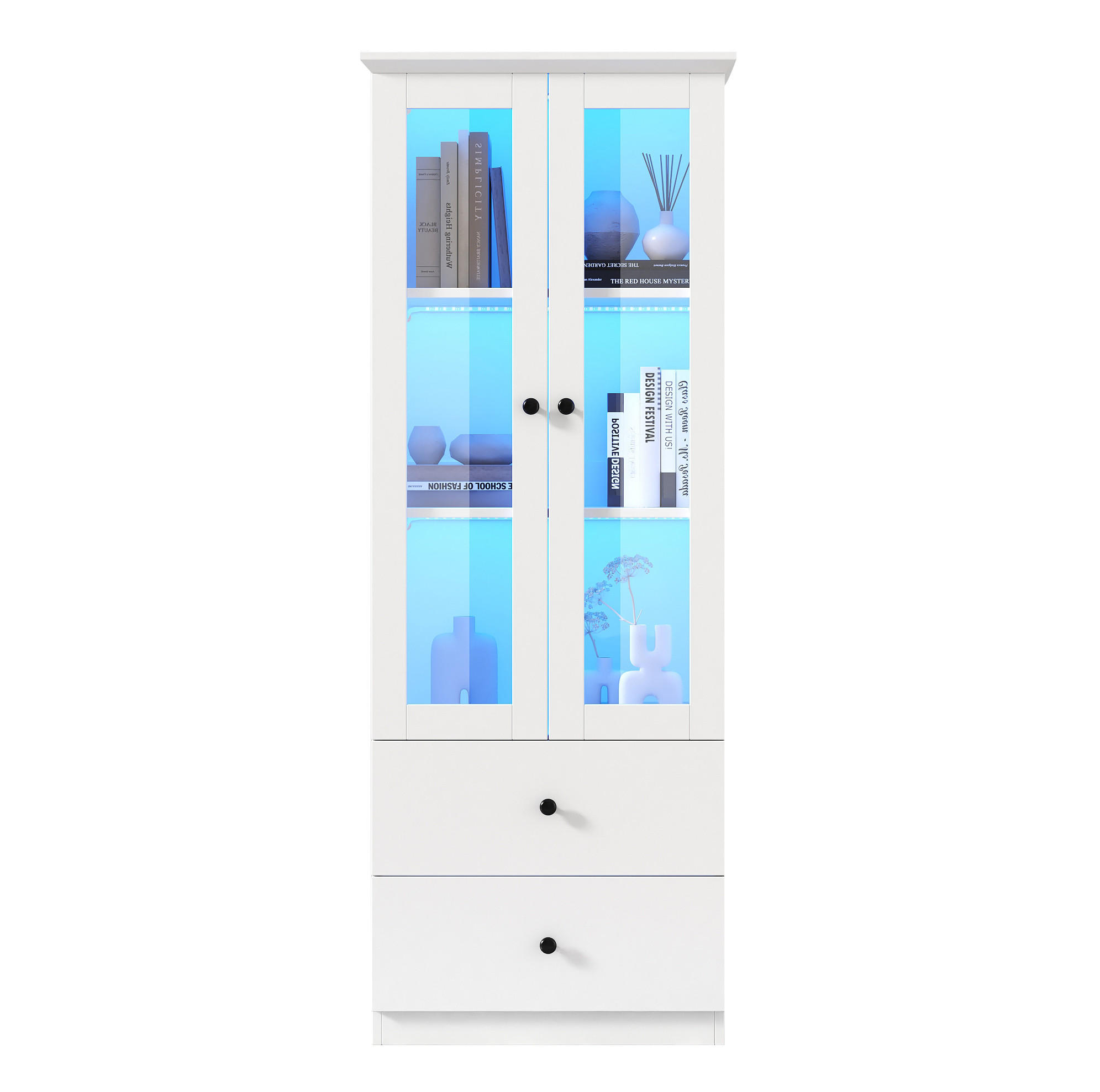 VITRINE 60/35,5/165 cm Weiß aus MDF mit LED und 2 Schubladen - Weiß, Holzwerkstoff (60/165/35.5cm) - OKWISH