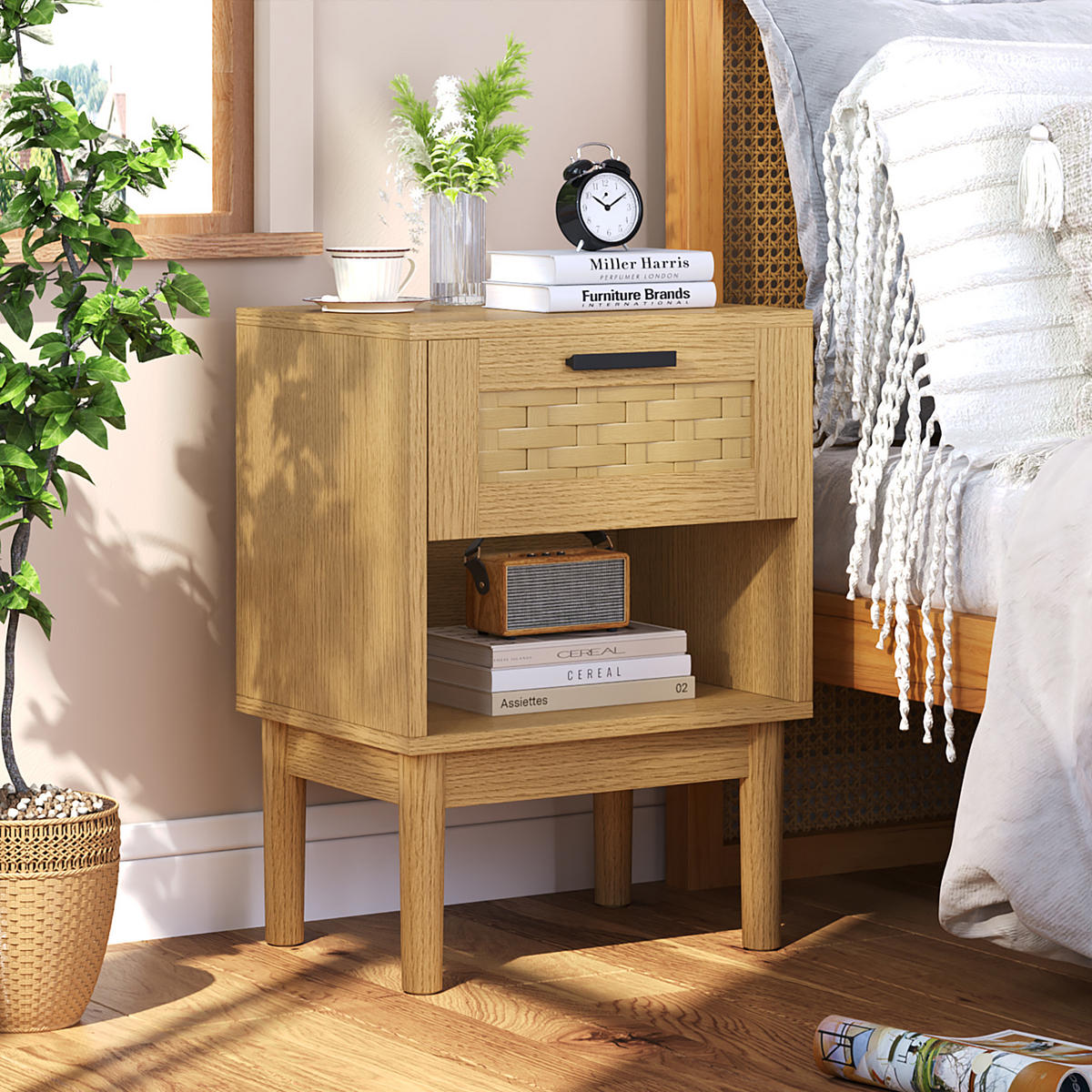 NACHTTISCH 2er Set Holz Rattan Schublade offenes Fach Eiche - Naturfarben, Holz (30/55/40cm) - LEBENLANG