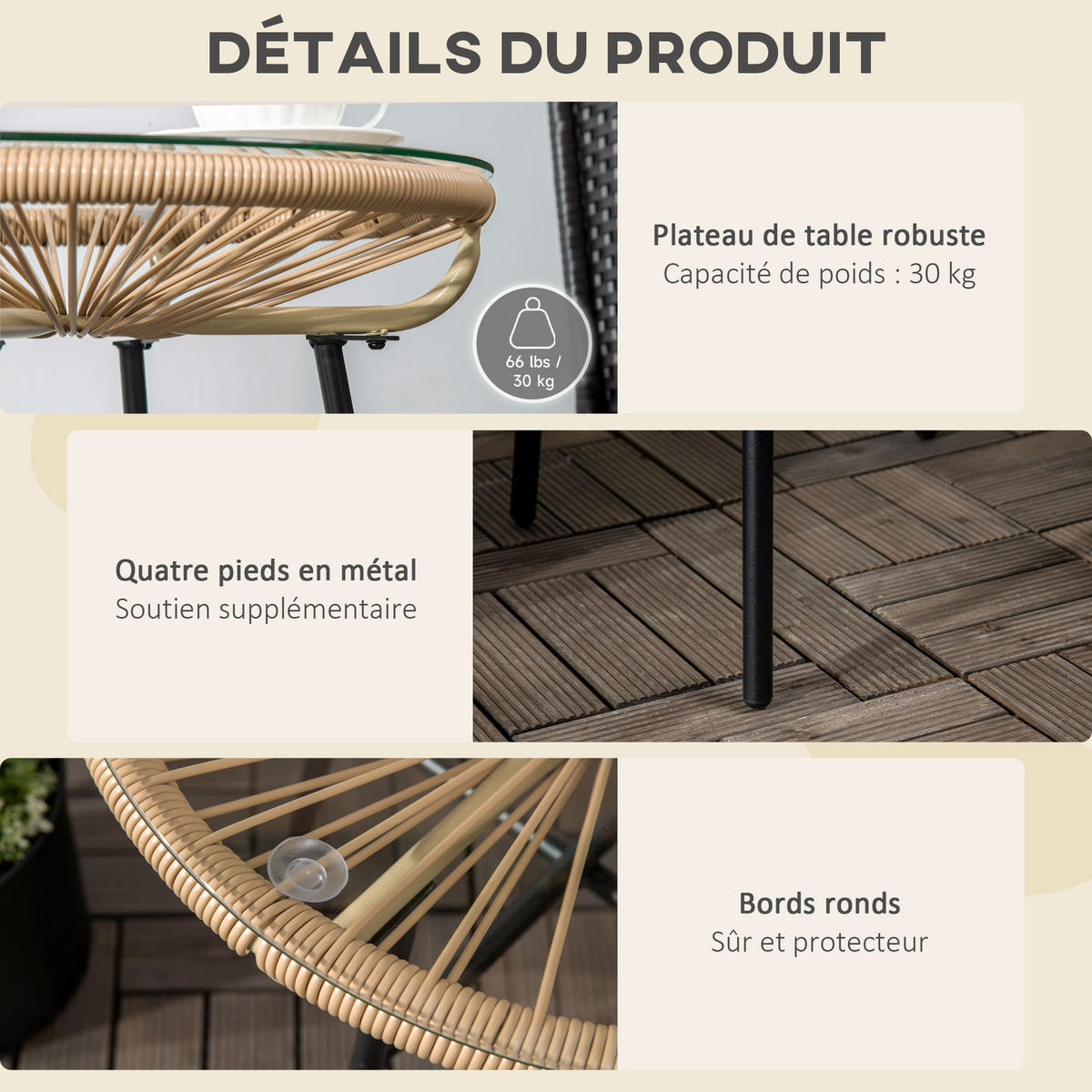 GARTENBEISTELLTISCH DE-13573 rund, Glasplatte, Rattanoptik - Schwarz, Metall (50/50/50cm) - ComfortXL