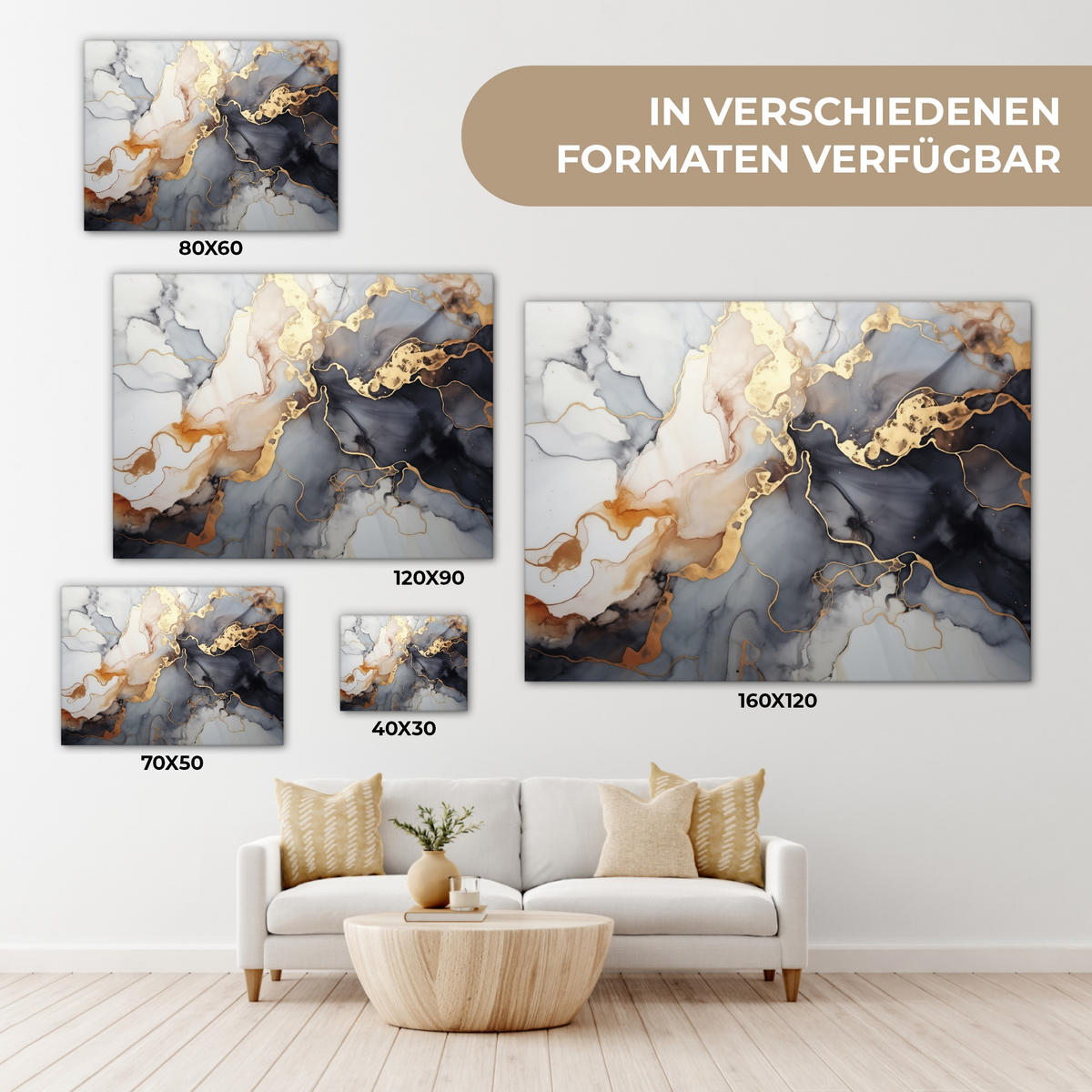 LEINWANDBILD Marmor - Schwarz - Gold - Weiß Wandbilder 80x60 cm - Dunkelgrau, Textil (80/60cm) - MuchoWow