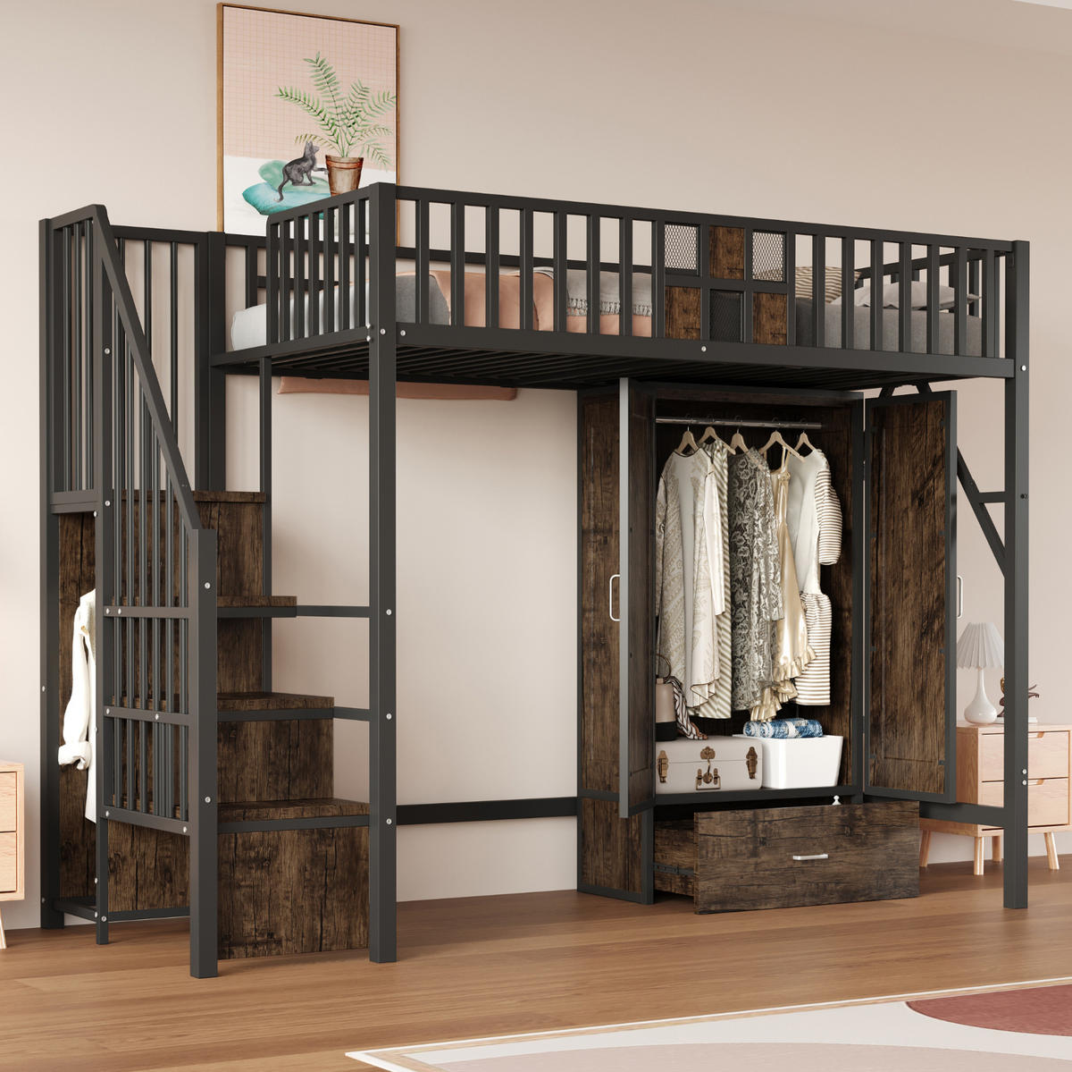 HOCHBETT 90/200 cm aus Metall und Holz mit Kleiderschrank und Stauraumleiter - Schwarz, Metall (90/200cm) - Flora Grace