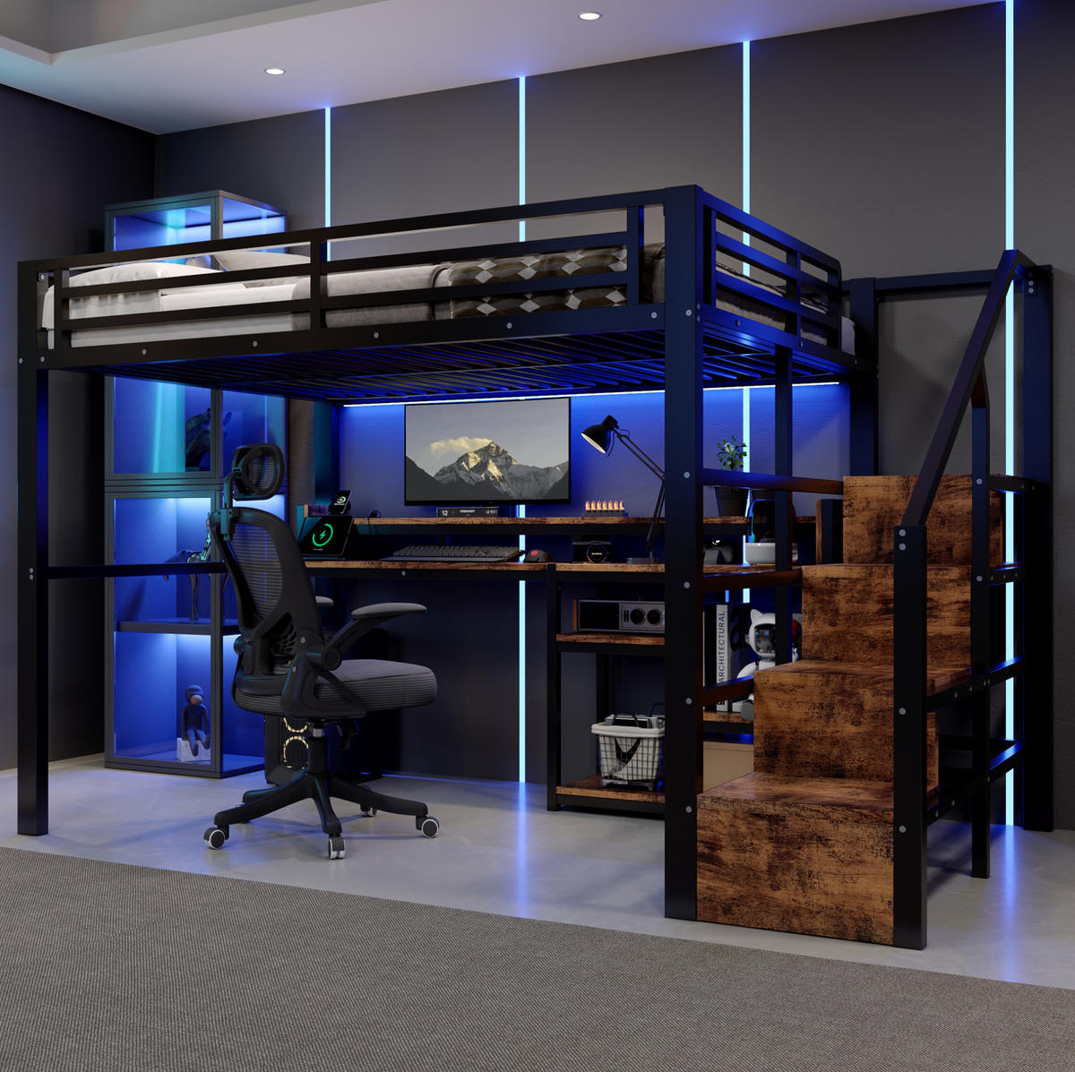 HOCHBETT Metall & MDF 140x200 cm Schwarz mit Leiterschrank, Ablagefach, LED-Lichtleiste & USB/Typ-C - Schwarz, Holzwerkstoff (140/200cm) - Modfu