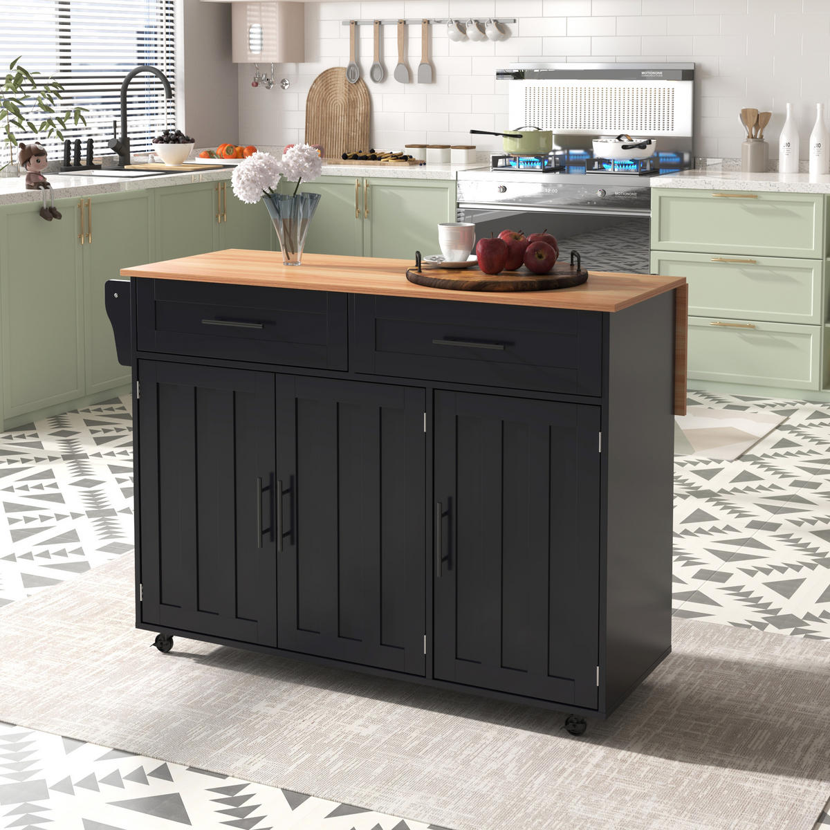 KÜCHENINSELWAGEN 129x71x91.5cm Schwarz Spanplatte mit Falttisch & Schubladen - Schwarz, Holzwerkstoff (129/91.5/71cm) - Modfu